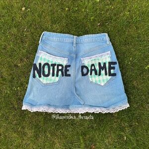 Notre Dame patchwork lace gingham denim jean mini skirt